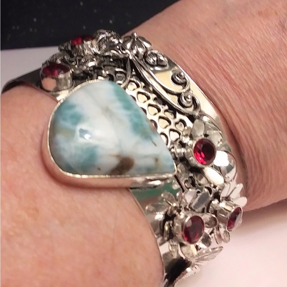 Larimar Garnet 925 Sterling Silver Cuff Bracelet - Picture 2 of 3